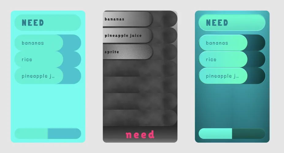 Screenshot of 3 designs in Figma, one grey two green. Much gradients.